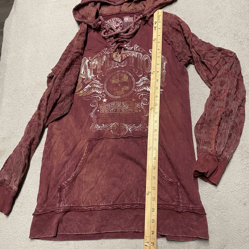 Affliction Hoodie Womens Large Maroon Lace V Neck Tie Y2K Skull Grunge Flaw Read - Picture 9 of 10